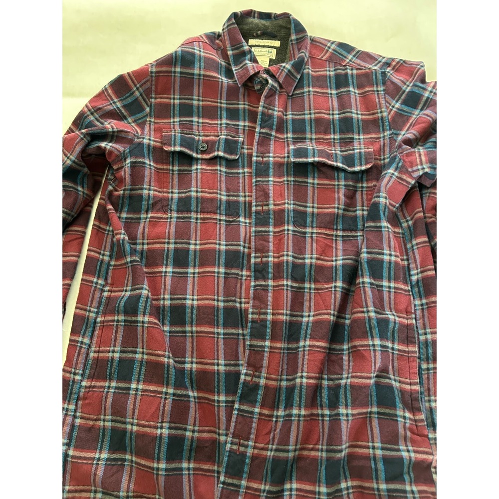 LL Bean Mens Red Plaid Flannel Fleece Lined Traditional Fit Shirt Shacket L Tall